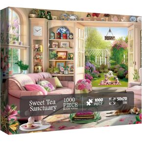 Tea Time Cabin Puzzle 1000 Piece for Adults, Book Cozytime Garden Jigsaw Puzzles, Dog Plant Puzzle