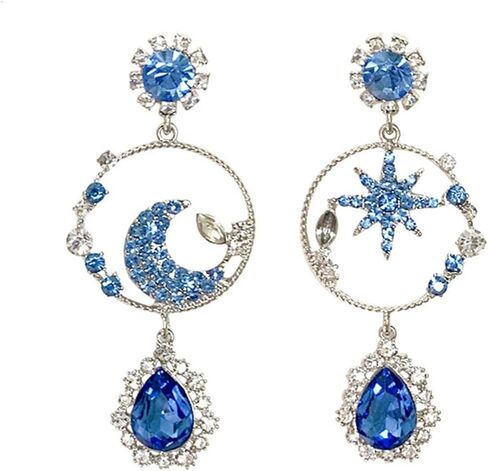 Blue Crystal Star Moon Earrings Asymmetric Moon Star Dangle Drop Earrings Long Lucky Star Crescent Tassel Earrings Birthday Party Bridesmaid Jewelry for Women Teen Girls in Saudi Arabia