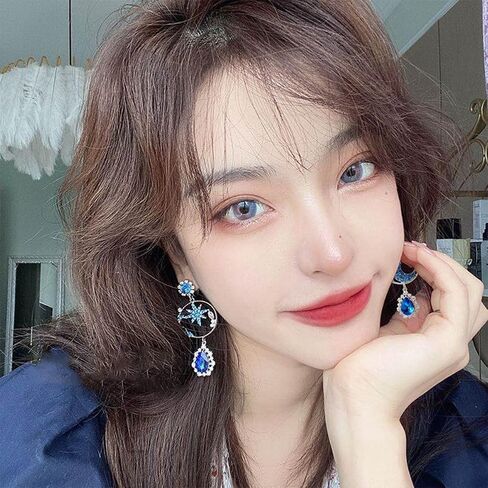 Blue Crystal Star Moon Earrings Asymmetric Moon Star Dangle Drop Earrings Long Lucky Star Crescent Tassel Earrings Birthday Party Bridesmaid Jewelry for Women Teen Girls in Saudi Arabia