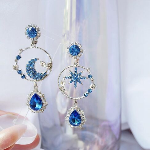 Blue Crystal Star Moon Earrings Asymmetric Moon Star Dangle Drop Earrings Long Lucky Star Crescent Tassel Earrings Birthday Party Bridesmaid Jewelry for Women Teen Girls in Saudi Arabia