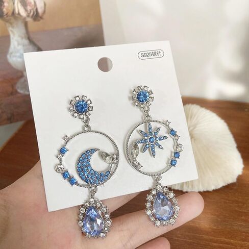 Blue Crystal Star Moon Earrings Asymmetric Moon Star Dangle Drop Earrings Long Lucky Star Crescent Tassel Earrings Birthday Party Bridesmaid Jewelry for Women Teen Girls in Saudi Arabia