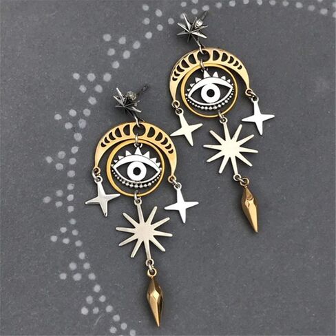 ANDPAI Unique Handmade Lightweight Hollow Vintage Gold Silver Star Sun Moon Dangle Drop Earrings Long Geometry Metal Stud Earrings for Women Girls Statement Jewelry Gifts in Saudi Arabia