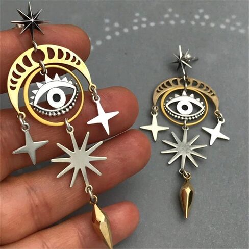 ANDPAI Unique Handmade Lightweight Hollow Vintage Gold Silver Star Sun Moon Dangle Drop Earrings Long Geometry Metal Stud Earrings for Women Girls Statement Jewelry Gifts in Saudi Arabia