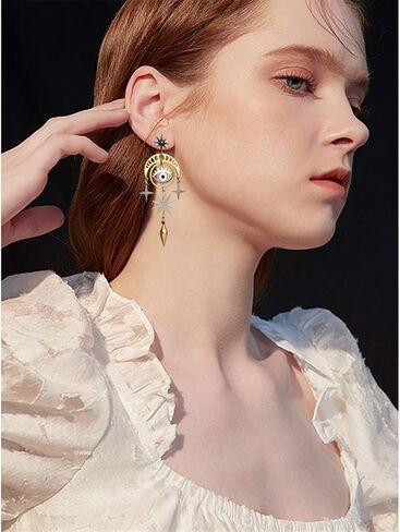 ANDPAI Unique Handmade Lightweight Hollow Vintage Gold Silver Star Sun Moon Dangle Drop Earrings Long Geometry Metal Stud Earrings for Women Girls Statement Jewelry Gifts in Saudi Arabia