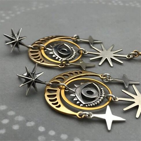 ANDPAI Unique Handmade Lightweight Hollow Vintage Gold Silver Star Sun Moon Dangle Drop Earrings Long Geometry Metal Stud Earrings for Women Girls Statement Jewelry Gifts in Saudi Arabia