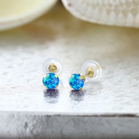 Gem Stone King 14K Yellow Gold Blue Opal Stud Earrings For Women (0.50 Cttw, Gemstone October Birthstone, Round Cabochon 4MM) in Saudi Arabia