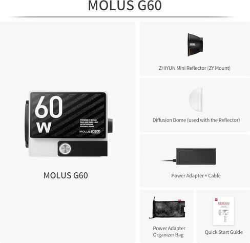 Zhiyun MOLUS G60 60W COB Led Video Light 2700K-6500K Bi-Color Camera Light, Support App Control for Portrait Video Recording (G60 Standard) in Saudi Arabia