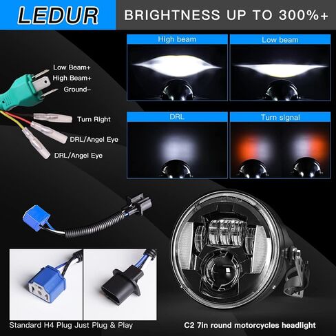 LEDUR C2 7Inch Round LED Motorcycle Headlights with Housing Bucket Hi/lo DRL Turn Signal Beam lamp Motorcycle Ring Angle Eyes Lights 2023 Headlight Housing Bucket for Motorcycle Touring Road King in Kuwait
