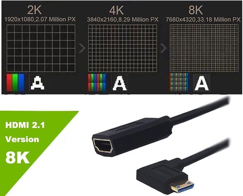 4ft HDMI 8K Extender Coiled Cable, 90 Degree Left Angle Mini HDMI 8K Male to HDMI 8k Female Extension Adapter Shield Cable, Mini HDMI 2.1 to HDMI 2.1 Version Spiral Spring Cord, 8K@60HZ in Saudi Arabia