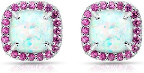 Sterling Silver Synthetic White Opal and Gemstone Cushion-cut Halo Stud Earrings in Saudi Arabia