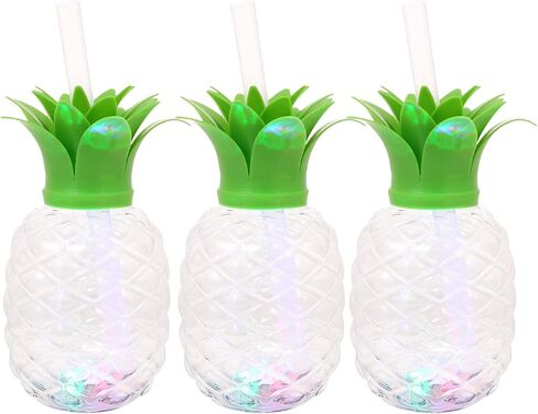 LED Light Up Pineapple Cups:3pcs Pineapple Drink Cups with Straws Luau Party Decorations Hawaiian Luau Tiki and Beach Theme Party Decorations for and Adults in Saudi Arabia