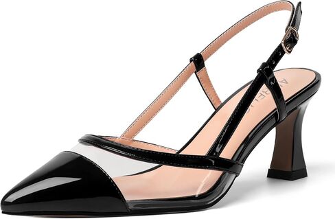 Womens Patent Pointed Toe Dating Slingback Clear Buckle Kitten Mid Heel Pumps Shoes 2.5 Inch in Saudi Arabia