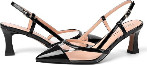 Womens Patent Pointed Toe Dating Slingback Clear Buckle Kitten Mid Heel Pumps Shoes 2.5 Inch in Saudi Arabia