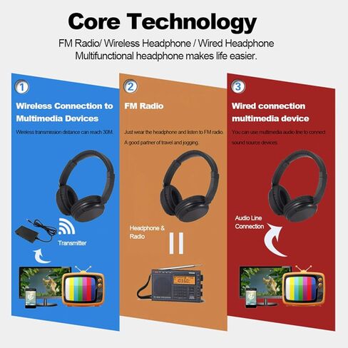 FM Wireless Headphones Over-Ear Music Earphones with Transmitter 3.5mm & RCA Wired Headset Support FM Radio for TV PC Phones MP3 Player in Kuwait