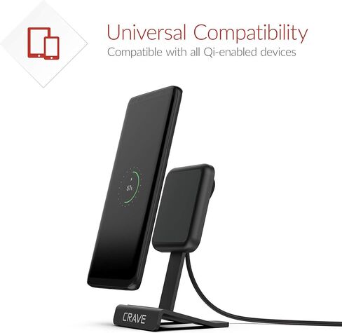حامل شحن لاسلكي Crave، شاحن لاسلكي سريع 10 واط، وسادة شحن لاسلكية معتمدة من Qi لهواتف iPhone 12، 11، Xs، XR، 8، Samsung Note 20، Note 10، Note 9، S21، S20، S10 - أسود in Kuwait