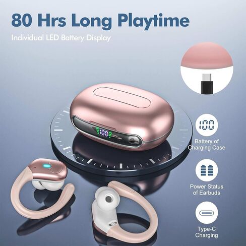 Wireless Earbuds Bluetooth Headphones 80Hrs Playback with LED Diaplay Wireless Charging Case Noise Cancelling Ear Buds with Earhooks, Over Ear Earphones for Sports Running Workout (Black) in Saudi Arabia