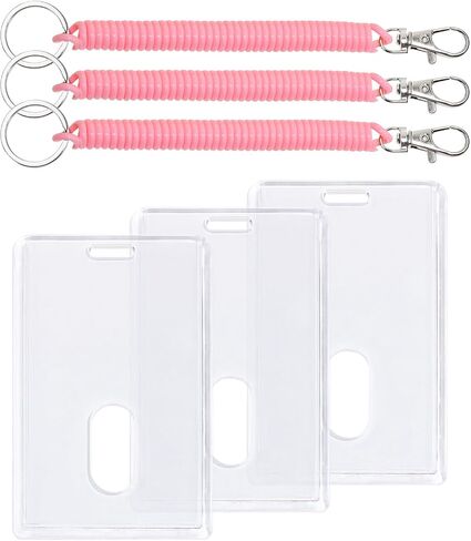 Mini Skater 3set Acrylic Card Sleeve Stretch Spring Spiral Coil Keychain Clear Hard Plastic Top Loader Card Badge Protector Case Holder for ID Bank Student Trading Card,Vertical (Clear Wrist Coil) in Kuwait