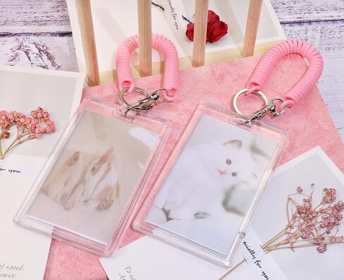 Mini Skater 3set Acrylic Card Sleeve Stretch Spring Spiral Coil Keychain Clear Hard Plastic Top Loader Card Badge Protector Case Holder for ID Bank Student Trading Card,Vertical (Clear Wrist Coil) in Kuwait