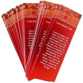 Love Never Fails Inspirational Bookmarks - Christmas - Valentine's Day - Mother's Day - Fathers Day - Vacation Bible School (Bulk Pack of 50) Best Quality Glossy Finish Red Heart 2" x 6"