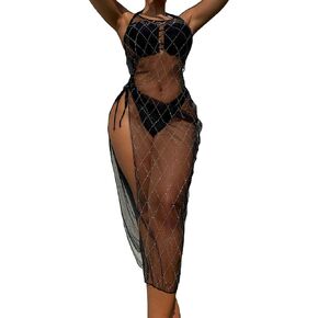 GORGLITTER Women's Rhinestone Studded Mesh Cover Up Dress Drawstring Side Halter Beachwear in Saudi Arabia