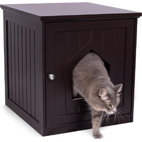Decorative Cat House & Side Table | Cat Home Nightstand | Indoor Pet Crate | Litter Box Enclosure | Hooded Hidden Pet Box | Cats Furniture Cabinet | Kitty Washroom | White