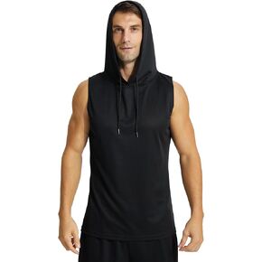 Mens Active Workout Hooded Tank Tops Sleeveless Quick Dry, Athletic Running Trainning Cut Off Muscle Gym Shirt