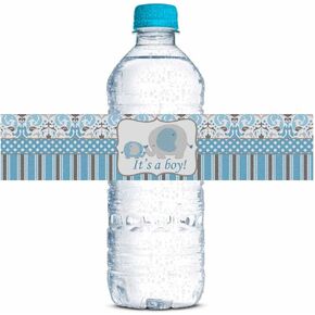 Blue Elephant It's a Boy Baby Shower Waterproof Water Bottle Sticker Wrappers 20 Wrap Around Labels Sized 1.75" x 8.5" by AmandaCreation