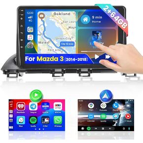Roinvou 2+64G Android CarPlay Stereo for 2014-2018 Mazda 3, Built-in Wireless CarPlay Radio with Android Auto, 9'' Touch Screen in-Dash GPS Navigation Support Mirror Link Bluetooth HiFi WiFi RDS