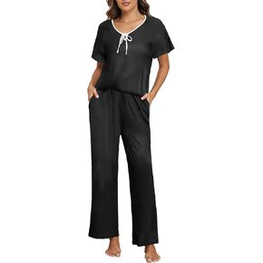 iChunhua Comfy Lounge Sets for Women Ruffle Sleeve Scoop Neck Tops with Wide Leg Pants Loose Nightwear Soft Pajama Set