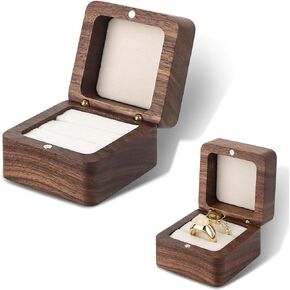 Ring Box, Wooden Ring Box for Wedding Ceremony, Birthday, Engagement Ring Box for Proposal Bearer Box, 2 Slots, Vintage Square Solid Wood Double Ring Holder Case Box (Black)