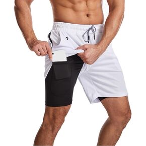 Men's 2 in 1 Running Shorts Quick Dry Gym Athletic Sports Workout Shorts with Side Pockets