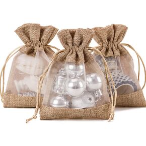 WRAPAHOLIC 4x5.5 inch 10 pcs Burlap Drawstring Gift Bag - Burlap with One Side Organza Wedding Party Welcome Favor Bags - Tan