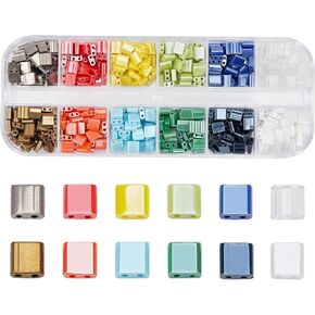 NBEADS 480 Pcs Opaque Tila Beads 5 * 5mm, 12 Colors 2 Holes Seed Beads Spacer Square Beads Lustered Japanese Glass Beads Rectangle Mini Beads for Christmas Jewelry Making