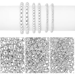 1200Pcs Silver Beads Round Beaded Spacer Beads Silver Beads for Bracelets Silver Spacer Beads Seamless Smooth Loose Ball Beads for Stackable Bracelet Jewelry Craft Making, 8 mm, 6 mm, 4 mm (Silver)