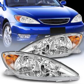 Nilight Headlight Assembly for 2002 2003 2004 Toyota Camry LE/XLE Headlamps Replacement Chrome Housing Amber Reflector Clear Lens Driver and Passenger Side, 2 Years Warranty