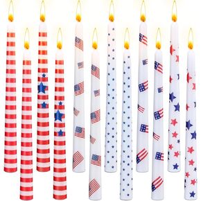 12 Pcs 10 Inch Independence Day Patriotic Candles American Flag Taper Candles Decor 4th of July Unscented Long Lasting Taper Candle for Memorial Day Party Table Decoration