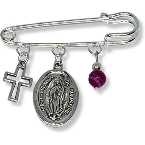 Religious Brooch with Murano Gel Beads and Charms - Silverplated - Gift for Birthdays, Valentine's, Christmas, Mother's Day, Comes in Gift Box with Prayer