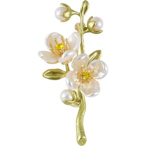 Alilang Elegant Cherry Blossom Flower Plant Brooch Lapel Pin Shell Pearl Leaf Brooches Pins For Birthday, Party, New Year