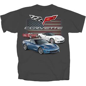 2005-13 Corvette C6 Red White and Blue Cars with Flag Blue T-Shirt