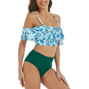 Women Two Piece High Waisted Flounce Bikini Set Off Shoulder Swimsuit Tummy Control Bathing Suits