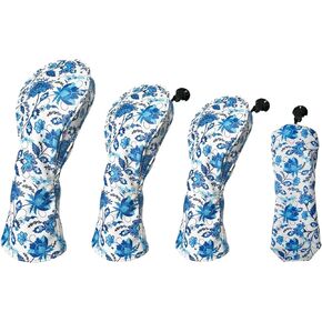 Andux 4pcs/Set Blue and White Porcelain Pattern PU Golf Wood Club Head Covers 460cc Driver Covers with Long Neck