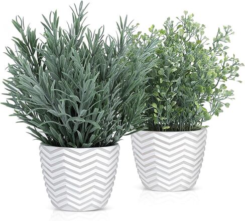 نباتات خشبية مزيفة بوعاء - نباتات وهمية لديكور المنزل والمكتب والمزرعة، نباتات صناعية في أواني أسمنتية بيضاء، عبوتان in Kuwait