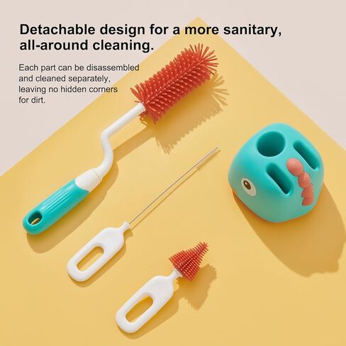 Rabbit Baba Silicone 4-in-1 Baby Bottle Brush Set,Nipple Brush, Bottle Brush, Straw Brush， Safe and Durable, Easy to Clean and Dry，4 Count，Cleaning Set，Uniform Storage Base，Draining Base (yellow Base) in Saudi Arabia