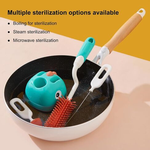 Rabbit Baba Silicone 4-in-1 Baby Bottle Brush Set,Nipple Brush, Bottle Brush, Straw Brush， Safe and Durable, Easy to Clean and Dry，4 Count，Cleaning Set，Uniform Storage Base，Draining Base (yellow Base) in Saudi Arabia