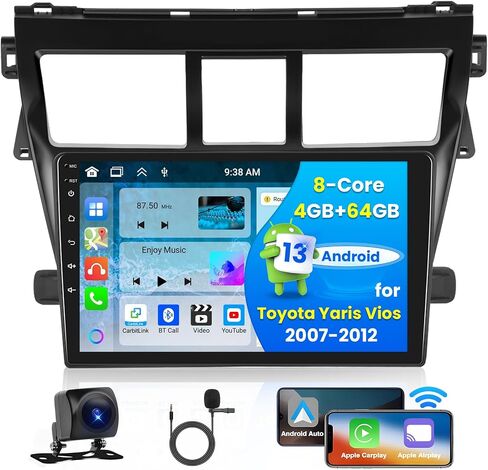 [4G+64G] 8 Core Android 13 Wireless Carplay Car Stereo for Toyota Yaris Vios 2007-2012, 9 Inch 1280X720 HD Touch Screen Radio with Wireless Android Auto DSP GPS Navigation Backup Camera in Saudi Arabia