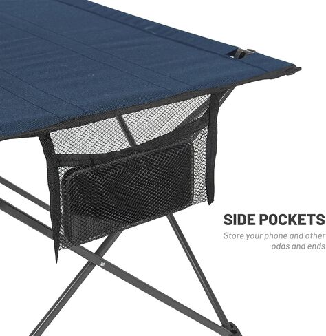 طاولة قابلة للطي للتخييم خفيفة الوزن، إطار ألومنيوم متين، سطح من قماش أكسفورد، حجم تخزين صغير، مع غطاء قدم غير قابل للانزلاق، جيب جانبي وحقيبة حمل (كحلي) in Kuwait