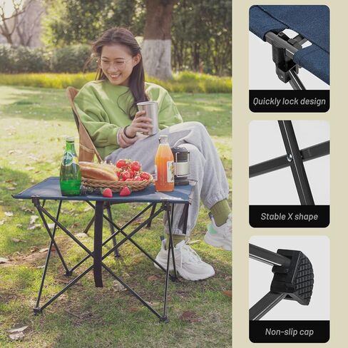 طاولة قابلة للطي للتخييم خفيفة الوزن، إطار ألومنيوم متين، سطح من قماش أكسفورد، حجم تخزين صغير، مع غطاء قدم غير قابل للانزلاق، جيب جانبي وحقيبة حمل (كحلي) in Kuwait