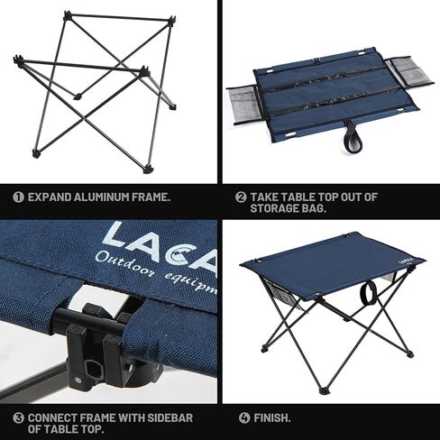 طاولة قابلة للطي للتخييم خفيفة الوزن، إطار ألومنيوم متين، سطح من قماش أكسفورد، حجم تخزين صغير، مع غطاء قدم غير قابل للانزلاق، جيب جانبي وحقيبة حمل (كحلي) in Kuwait