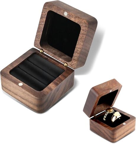 Ring Box, Wooden Ring Box for Wedding Ceremony, Birthday, Engagement Ring Box for Proposal Bearer Box, 2 Slots, Vintage Square Solid Wood Double Ring Holder Case Box (Black) in Saudi Arabia