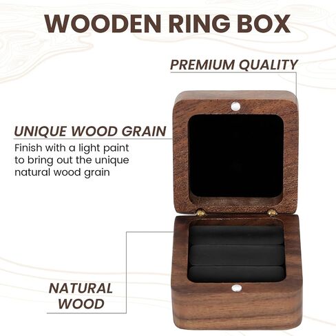 Ring Box, Wooden Ring Box for Wedding Ceremony, Birthday, Engagement Ring Box for Proposal Bearer Box, 2 Slots, Vintage Square Solid Wood Double Ring Holder Case Box (Black) in Saudi Arabia